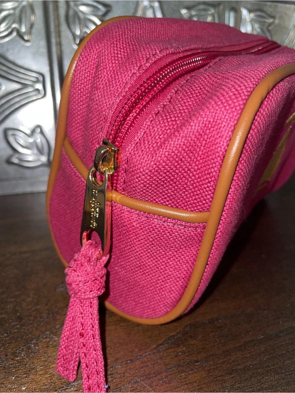 Spartina Pink Canvas Cosmetic travel Pouch with Gold Sailboat Embroidery